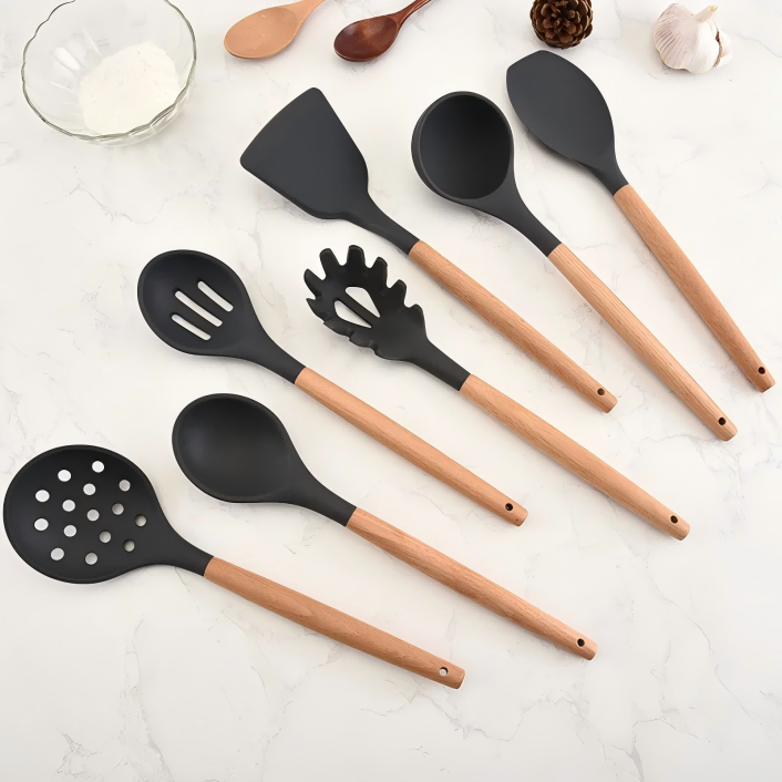 Heat Resistant Wooden Kitchen Utensils with Holder